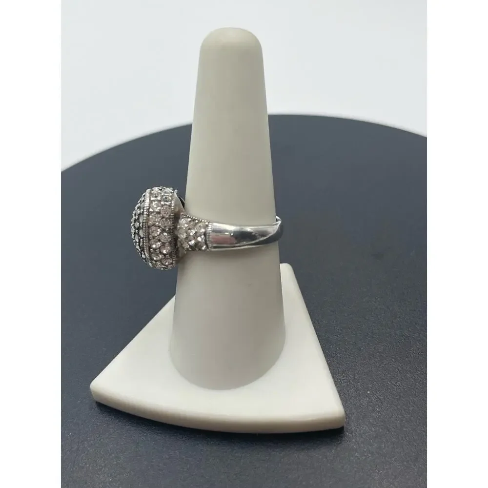 Sterling Silver Signed Ring Marcasite Crystal Cocktail Ring Vintage Style Size 8